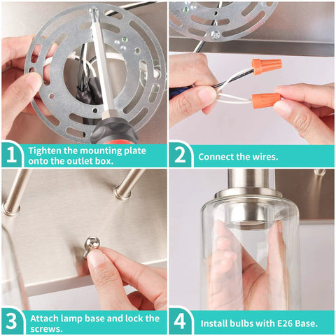 Installation steps for Modern Two Light Vanity Light Fixture In Brushed Nickel With Clear Glass Shades, showing wiring and mounting.