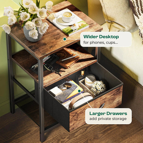Two Pack Nightstand Set With Fabric Drawers And Mesh Shelf, sturdy metal frame, open storage with decorative items, rustic brown finish