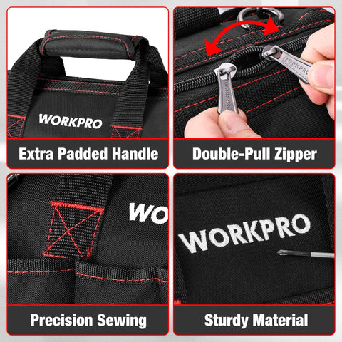 Rugged 12 Inch Close Top Wide Mouth Tool Bag With Double 500D Polyester, featuring padded handle and double-pull zipper.
