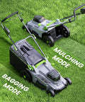 Cordless Walk Behind Lawn Mower With 17 Inch Cutting Width, Dual 20V 4.0Ah Batteries, Brushless Motor, Six Easy Height Settings, 50 Liter Grass Bag, Backyard Ready No Cords For Garden Patio Yard And Lawn Care on grass