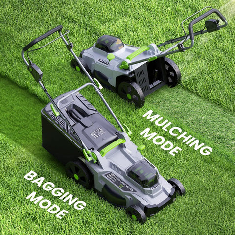 Cordless Walk Behind Lawn Mower With 17 Inch Cutting Width, Dual 20V 4.0Ah Batteries, Brushless Motor, Six Easy Height Settings, 50 Liter Grass Bag, Backyard Ready No Cords For Garden Patio Yard And Lawn Care on grass