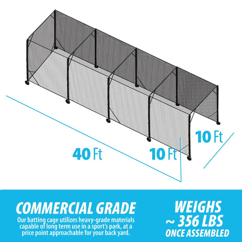 Heavy Duty Baseball and Softball Batting Cage With Wheels For Backyard Driveway And Club Training Commercial Grade Portable Cage Built Tough Steel Frame Premium Netting Easy Setup 40 Ft Practice Space diagram