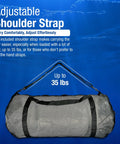 Heavy-Duty Mesh Duffle Bag For Scuba Gear And Beach Essentials with adjustable shoulder strap, blue background, label up to 35 lbs