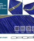 Close-up of blue Camping Hammock With Stand Easy Setup For Two Person 600 Lb Capacity, flexible spreader, and steel chain