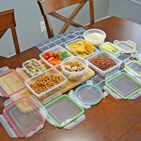 16 Piece Clip Lock Food Storage Set With Airtight Lids For Meal Prep And Kitchen Organization shown with snacks and produce