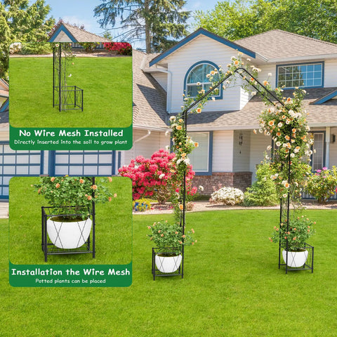 Metal Garden Arch Trellis For Climbing Plants Outdoor 8.2 Ft Tall Arbor With Planter Boxes in a backyard setting