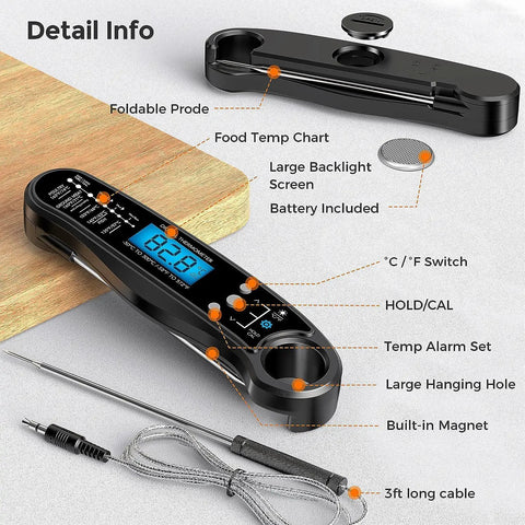 2-In-1 Instant Read Meat Thermometer With Dual Probes, Ultra Fast Digital Food Thermometer With Backlight, Magnet, Waterproof shown with features labeled
