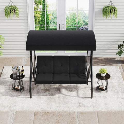 Three Seat Outdoor Patio Swing With Adjustable Canopy And Backrest Cozy Cushioned Porch Swing For Backyard Garden And Poolside Hangouts Heavy Duty 750 Lbs Capacity Black