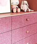 Dresser covered with Glitter Pink Easy Peel And Stick Contact Paper Self Adhesive Wallpaper Roll 15.8 Inch By 240 Inch featuring toys