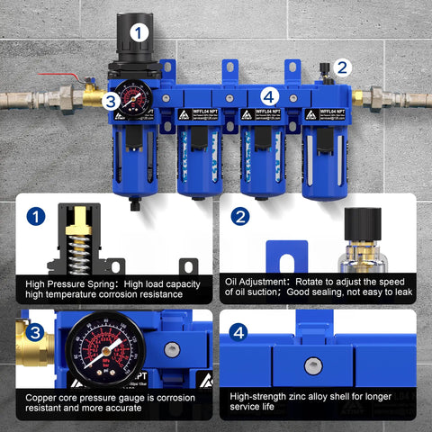 All In One Half Inch NPT Air Filter Regulator Lubricator Combo with brass cartridge, gauge, and poly bowl mounted on heavy-duty shop air system.