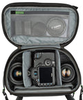 Interior view of Rotating 50L Plus Camera Backpack For Epic Adventure Photography With Front Access, showing gear organization