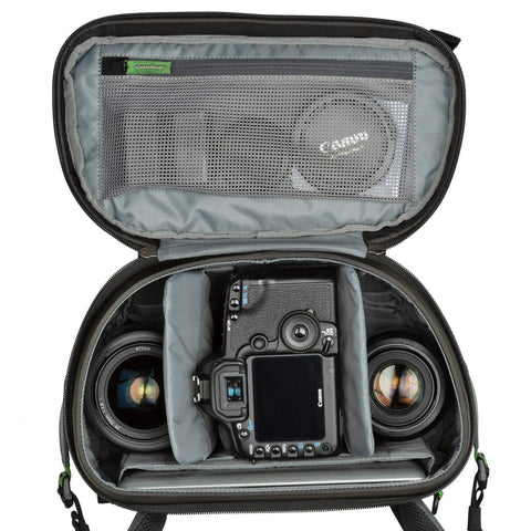 Interior view of Rotating 50L Plus Camera Backpack For Epic Adventure Photography With Front Access, showing gear organization