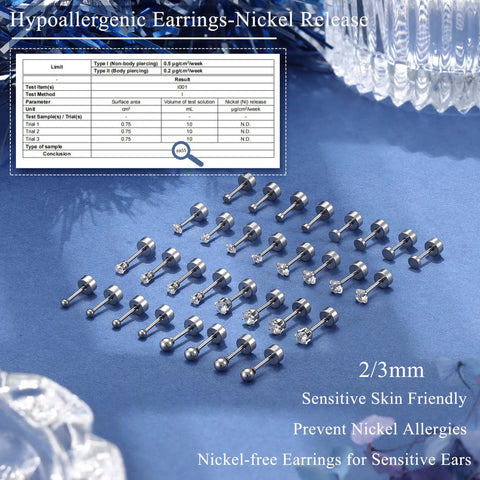 16 Pairs Cartilage Flat Back Stud Earrings Set for Women, Hypoallergenic CZ Sparkle, Tiny Ball and Flat Dot Designs, Gold Plated, Silver Plated, or Black Tone, Wear Solo or Layer Across Multiple Piercings. 2/3mm flat-back studs shown with nickel test pass