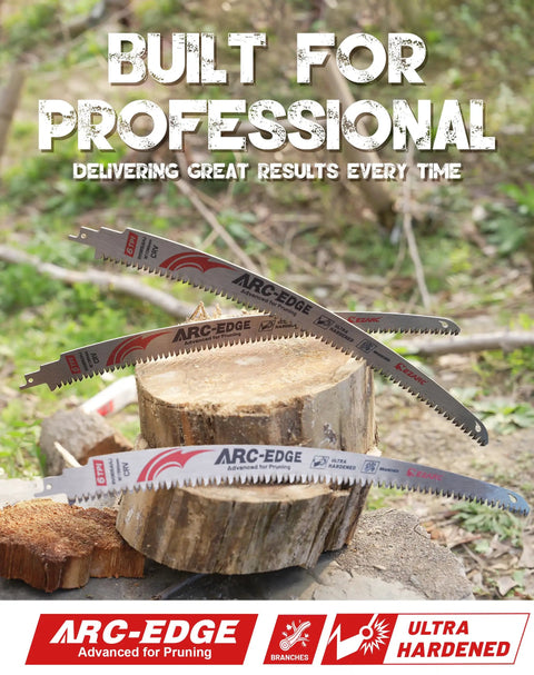 Japanese Teeth Reciprocating Saw Blade 15 Inch Arc Edge Coarse Cut 6 TPI Pruning Blade 3 Pack displayed on stump