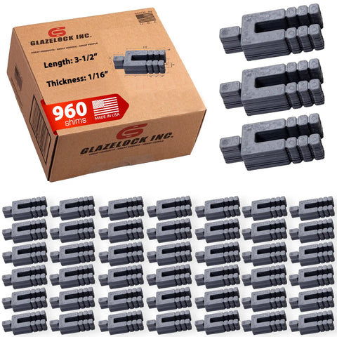Plastic Peel Away Stackable Shims For Leveling 960-Piece Set packaged with close-up of gray U-Shape tile shims, made in USA