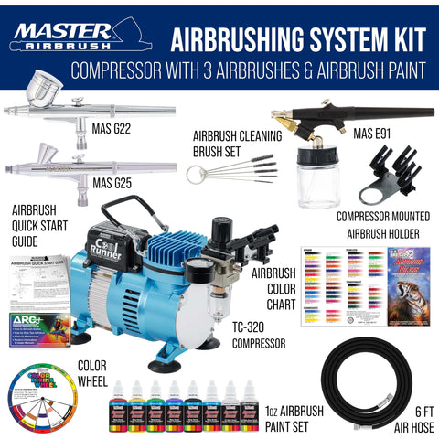 Cool Runner II Pro Grade Airbrush Kit With Dual Fan Compressor, Three Airbrushes, Six Color Acrylic Paint Set, Hose, Brushes