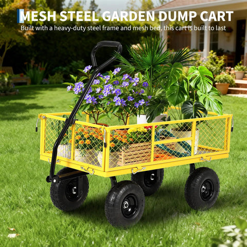 Yellow 900 Lbs Heavy Duty Garden Wagon Cart With Steel Frame carrying plants on grass, featuring 10 inch pneumatic tires.