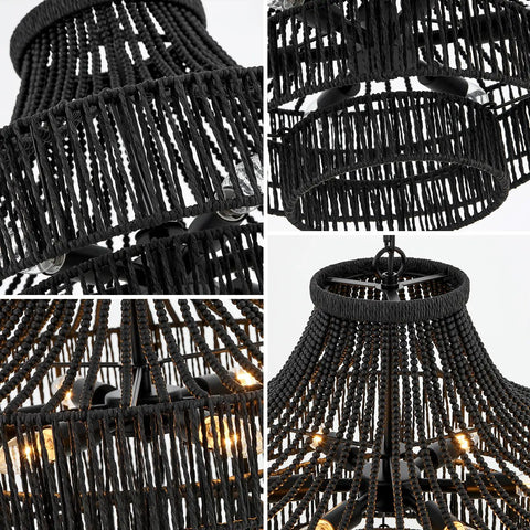 Close-up of Hand Woven Rattan Pendant Light Plug In Dome Style Boho Minimalist Ceiling Fixture showcasing weaving details.