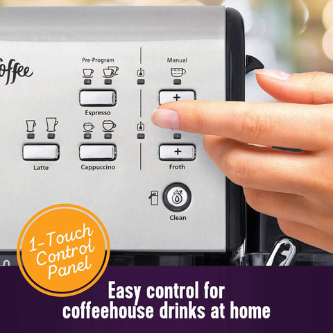 Super Sleek Programmable Espresso And Cappuccino Maker Featuring Automatic Milk Frother And 19 Bar Pump stainless steel control panel for easy home brewing.