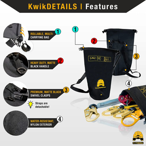 Tsunami Kit All-In-One Premium Braided Rope Vertical Lifeline With One D Ring Safety Harness Heavy-Duty Lightweight Tool Lanyard Roof Anchor And 20L Dry Bag ANSI OSHA Fall Protection System 25 Feet, featuring rollable bag with matte black handle and swivel clasps.