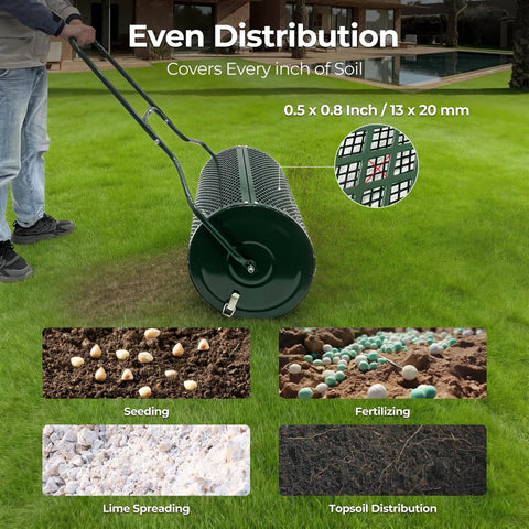 24 Inch Compost Spreader For Garden And Lawn, Push Or Tow Behind Roller Spreader For Fertilizer Peat Moss And Compost in use