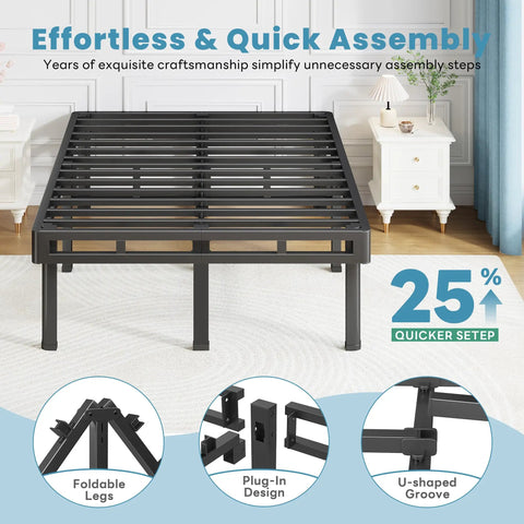 King Size Box Spring And All In One Mattress Foundation 18 Inch Steel Frame Heavy Duty Metal Bed Support with foldable legs and plug-in design.