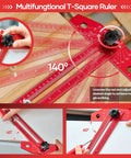 Adjustable Aluminum Sliding T Square Ruler With Built In Protractor showing angles of 140, 45, and 60 degrees on wood and tabletop