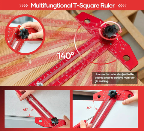 Adjustable Aluminum Sliding T Square Ruler With Built In Protractor showing angles of 140, 45, and 60 degrees on wood and tabletop