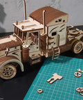 Mechanical 3D Wooden Puzzle Heavy Boy Truck VM-03 Model Kit For Adults And Teens, realistic wooden truck on workbench