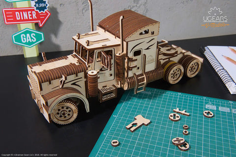 Mechanical 3D Wooden Puzzle Heavy Boy Truck VM-03 Model Kit For Adults And Teens, realistic wooden truck on workbench