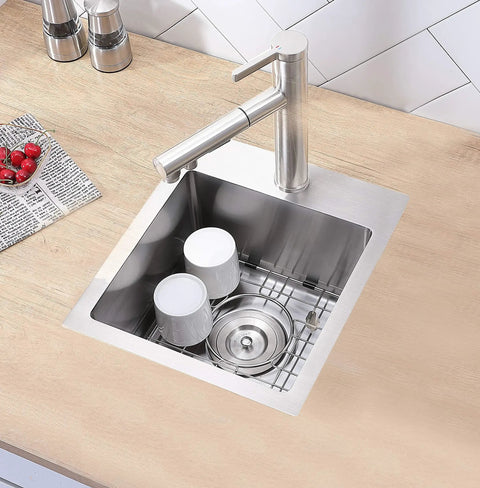 Drop In Bar Sink For RV Kitchen 15x15 Topmount Wet Bar, Single Bowl, Handcrafted 18 Gauge SUS304 Stainless Steel With Brushed Nickel Finish