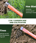 Heavy Duty Garden Tool Set 2 Piece Cultivator Kit With Carbon Steel Hoe And Rake, 15.2 Inch Wooden Handles in use on soil