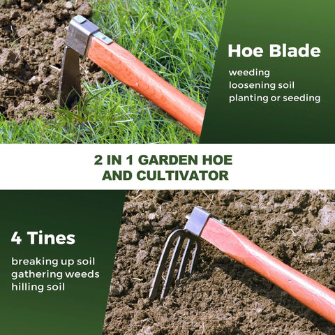 Heavy Duty Garden Tool Set 2 Piece Cultivator Kit With Carbon Steel Hoe And Rake, 15.2 Inch Wooden Handles in use on soil