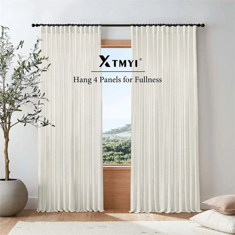 108 Inch Linen Look Curtains Set Of 2 Panels For Ceiling Track System With Hooks Sheer Light Filtering Cream Color Drapes