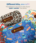 KeepGoing first aid kit refill pouches for kids; front view shows leopard print and other colorful patterns with brown leather logo patch