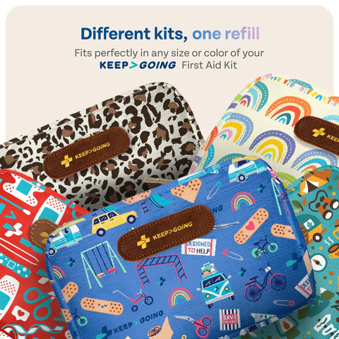 KeepGoing first aid kit refill pouches for kids; front view shows leopard print and other colorful patterns with brown leather logo patch