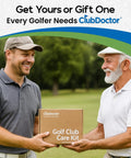 Complete Golf Club Care Kit Clean, Polish, And Restore Irons, Drivers, And Putters With Scratch, Scuff, And Rust Remover, Grip Cleaner, Club Cleaner, And Polish For A Fresh Shine And Way Better Grip box held by two golfers