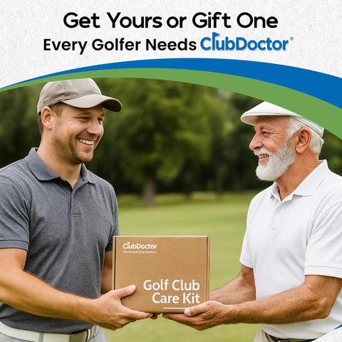 Complete Golf Club Care Kit Clean, Polish, And Restore Irons, Drivers, And Putters With Scratch, Scuff, And Rust Remover, Grip Cleaner, Club Cleaner, And Polish For A Fresh Shine And Way Better Grip box held by two golfers