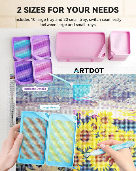 30 Piece Stackable Tray Set For Diamond Art Kits With Interlocking Trays And Tools For Adults Purple Color, Space Saving Storage, Spill Prevention, Easy Organization Of Diamond Painting Supplies displayed on a floral art canvas.