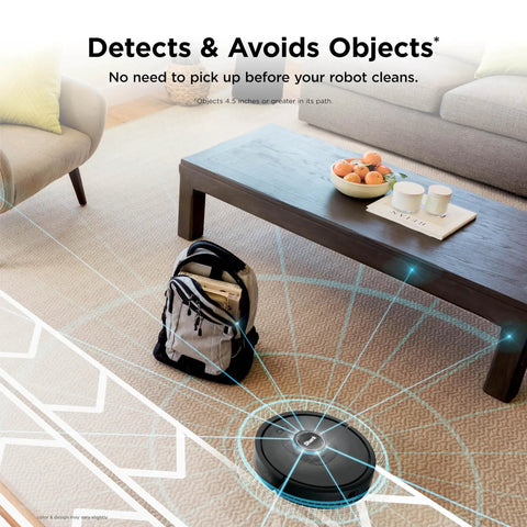 Robot Vacuum With Incredible Suction And Matrix Clean Navigation detects objects in living room, dark grey model.