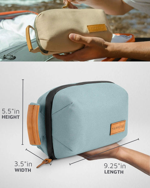 Compact Travel Tech Organizer Bag For Cables Chargers And Gadgets With Leather Accents Durable Pouch With Mesh Pocket Dusty Teal