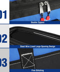 Close-up of 16 Inch Wide Mouth Tool Bag With Waterproof Molded Base, showing double zippers, large opening, and fine stitching.