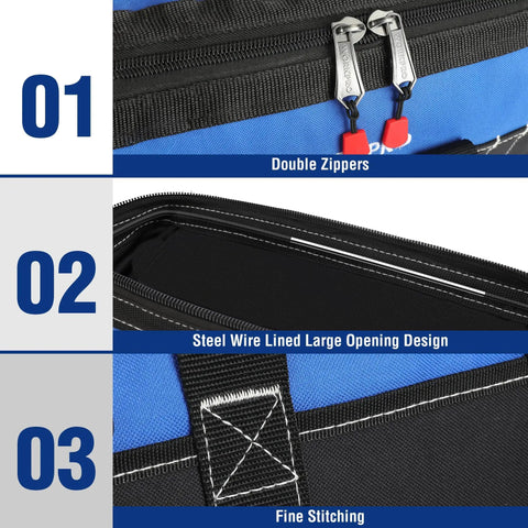 Close-up of 16 Inch Wide Mouth Tool Bag With Waterproof Molded Base, showing double zippers, large opening, and fine stitching.