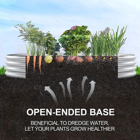 Galvanized Raised Garden Bed Kit Oval 4x2x1 Ft Outdoor Planter Boxes for Vegetables showing open-ended base with planted vegetables