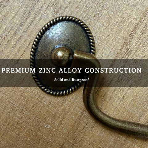 Close-up of Six Pack Vintage Bail Drawer Pulls in antique brass showing zinc alloy construction and rustic style.