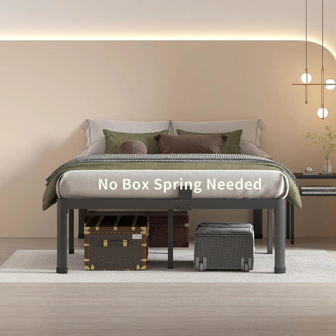 Built Tough Full Size Metal Platform Bed Frame Holding Fast To Three Thousand Pounds With Zero Whining From The Joints And Fourteen Inch Clearance For Dropping In All Your Off Season Gear with storage bins underneath.