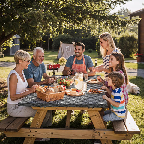 Family enjoying meal outdoors with Fitted Waterproof Picnic Table Cover Set With Bench Covers Heavy Duty Elastic Outdoor Tablecloth.