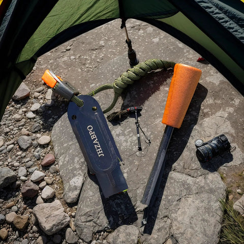 Ferro Rod Survival Kit With Flint And Steel Fire Starter And Whistle Easy Grip Emergency Fire Starter Tool displayed on rocky ground.
