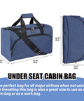 Two Pack 20L Underseat Carry On Bag For Airlines Flight Friendly Duffle with adjustable strap, showing dimensions.