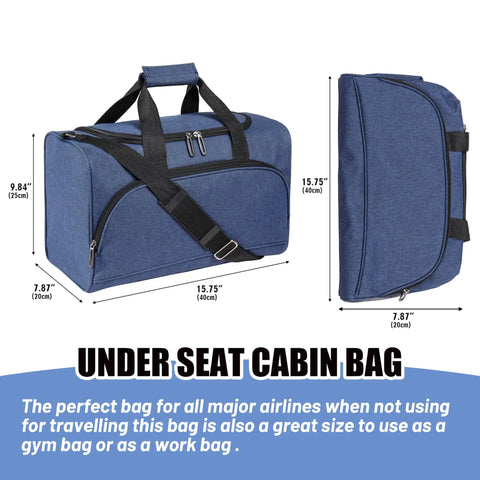 Two Pack 20L Underseat Carry On Bag For Airlines Flight Friendly Duffle with adjustable strap, showing dimensions.